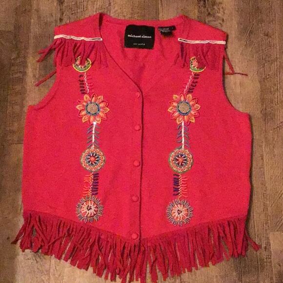 MICHAEL SIMON SPUN SILK Cotton RED Knitted Beaded FRINGEY VEST SML - Picture 1 of 13